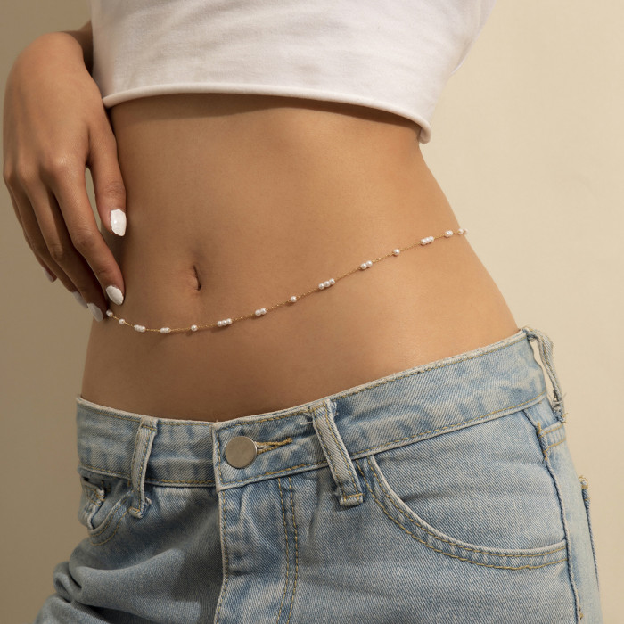 Vintage Style Imitation Pearl Round Bead Chain Body Chain for Women European and American Simple Sexy Single Layer Metal Chain Waist Chain