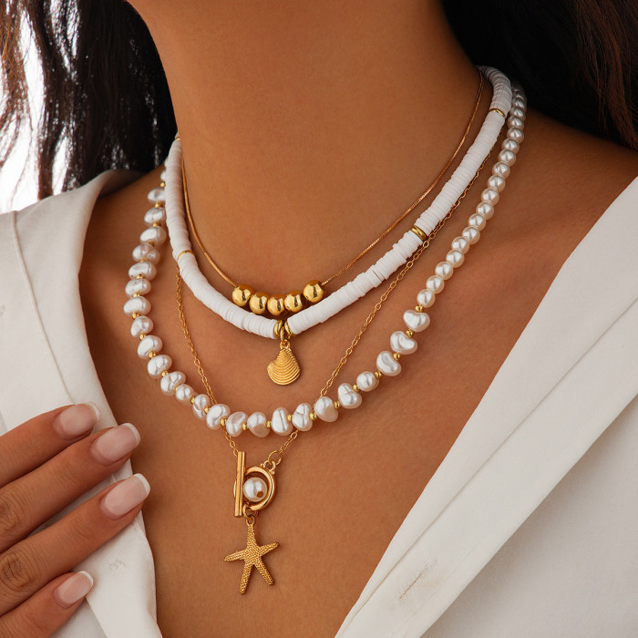 European and American Cross-Border Jewelry INS Starfish Imitation Pearl Necklace Set Niche Alloy Irregular Multi-Layer Collarbone Chain