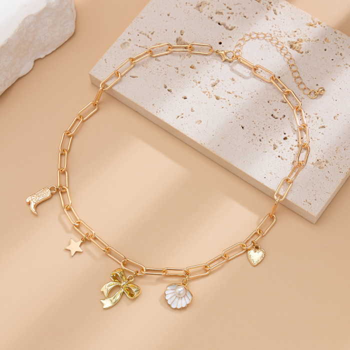 Jewelry Fashionable Bowknot Scallop Chain Necklace Versatile Imitation Pearl Alloy Collarbone Chain