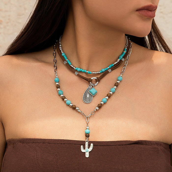 European and American Cross-Border Jewelry Retro Imitation Turquoise Clavicle Chain Niche Beaded Necklace Set Ethnic Style Cactus Pendant