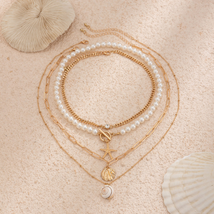 European and American Cross-Border Jewelry Beaded Necklace Beach Imitation Pearl Necklace Starfish Shell Retro Vacation Necklace