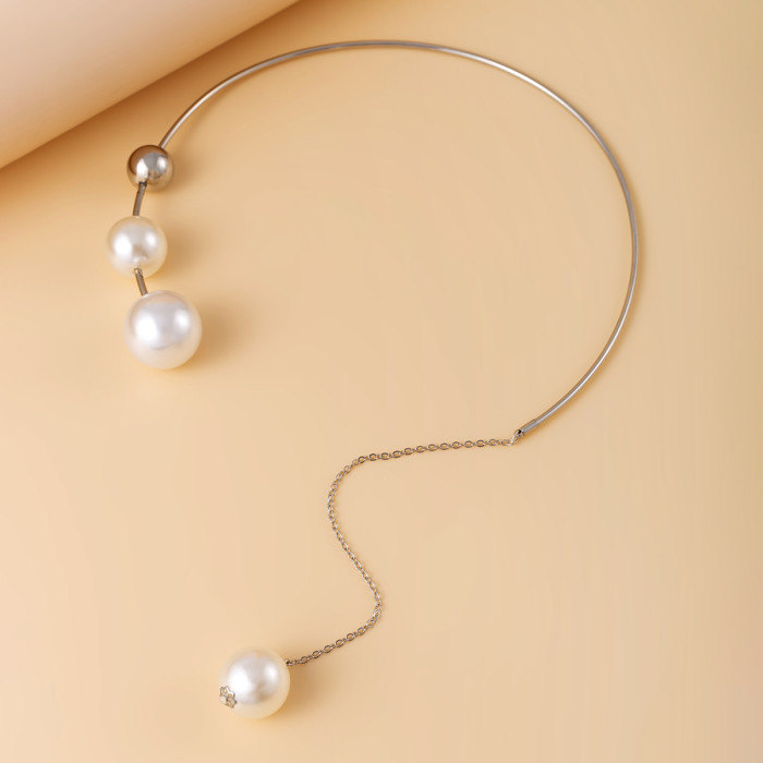 Simple Geometric Personalized round Bead Clavicle Chain Niche Design Open Collar Cold Style Imitation Pearl Necklace
