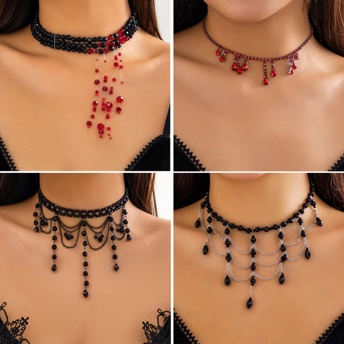 European and American Gothic Style Beaded Choker Red Blood Drop Choker Necklace Fake Blood Imitation Crystal Tassel Halloween Accessories