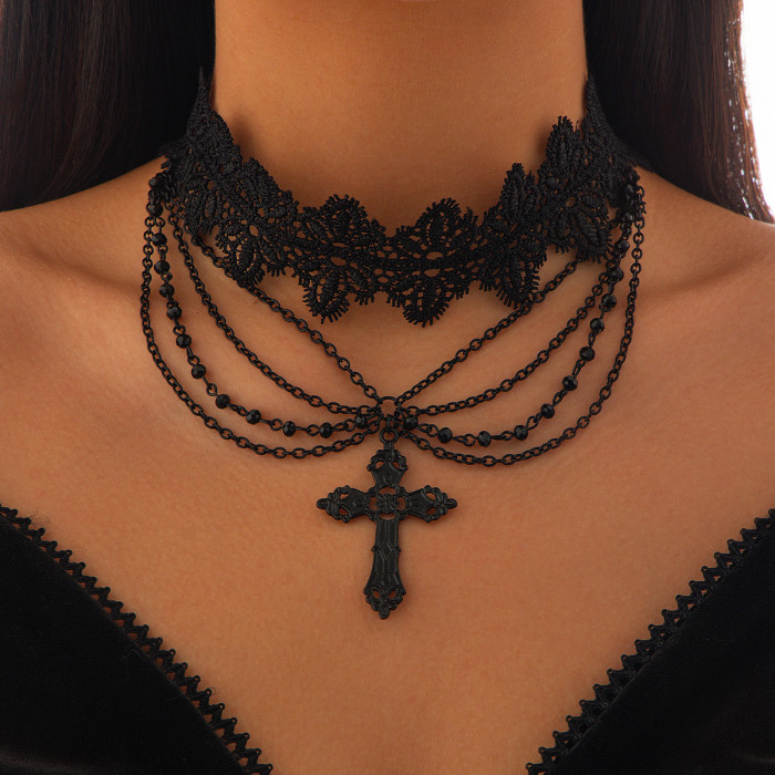 European and American Cross-Border Jewelry Punk Beaded Choker Tassel Chain for Women Halloween Party Imitation Gemstone Handmade Necklace