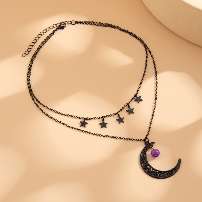 European and American Cross-Border Jewelry Dark Style Moon Pendant Collarbone Chain Halloween Creative Star Alloy Necklace Multi-Layer