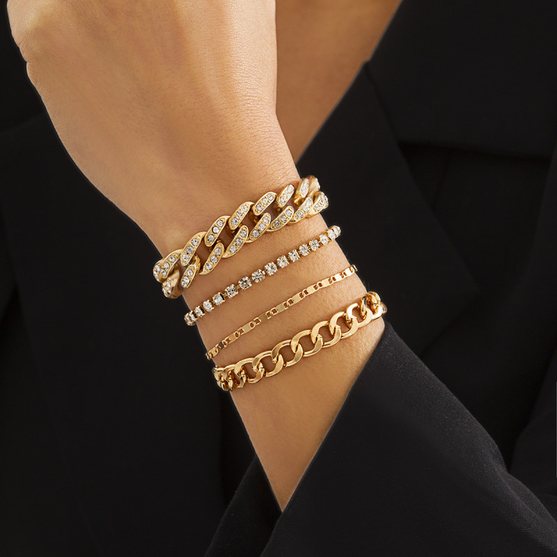 European and American Cross-Border Jewelry Retro Versatile Snake Bone Chain Bracelet for Women Simple Personality Set Cuban Chain Inlaid Diamond Bracelet