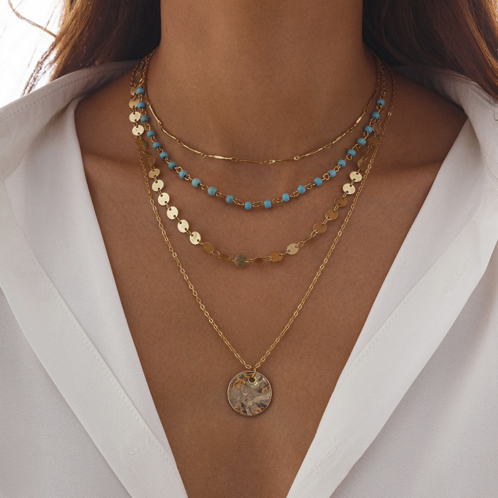 Jewelry INS Style Sequin Alloy OT Buckle Necklace Punk Multi-Layer Crystal Flower Sequin Collarbone Chain