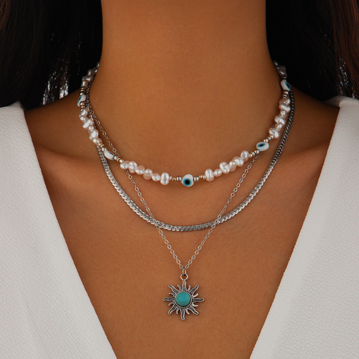 European and American Cross-Border Jewelry INS Starfish Imitation Pearl Necklace Set Niche Alloy Irregular Multi-Layer Collarbone Chain