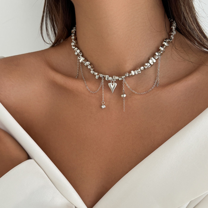 European and American Cross-Border Cream Sweet Style Heart Pendant Collarbone Chain Personality Irregular Turquoise Imitation Pearl Necklace for Women