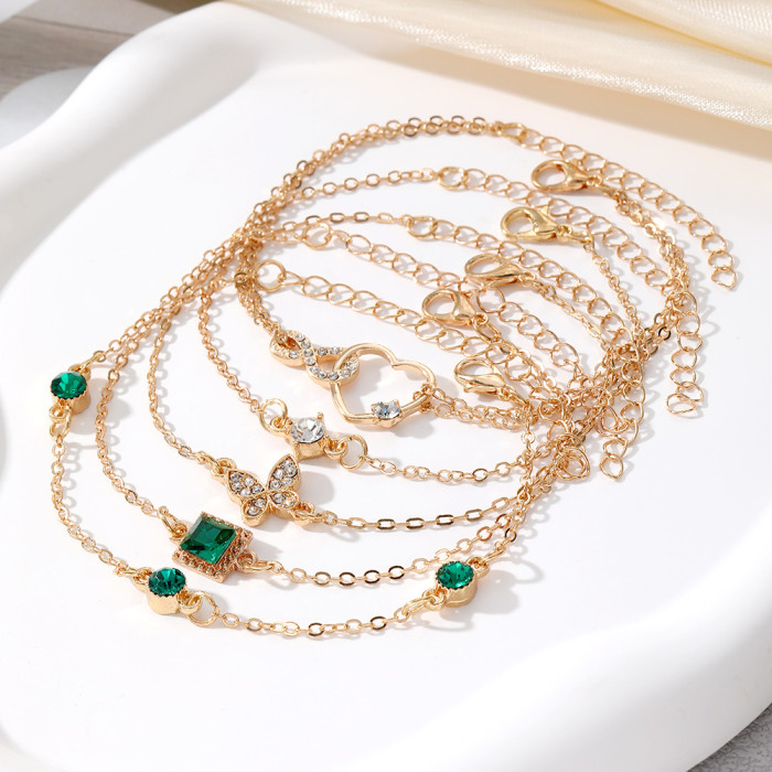 Cross-Border New Arrival European and American Bracelets Ins Vintage Lvzuan Square Bracelet Diamond Butterfly Heart Bracelet 4-Piece Set