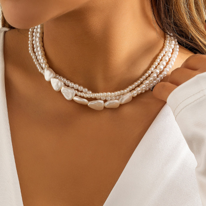 Jewelry Retro Imitation Pearl Layered Woven Baroque Necklace Niche Round Bead Chain Versatile Necklace