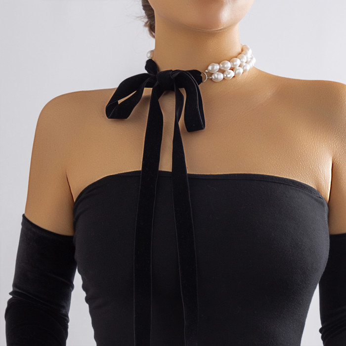 Jewelry Retro Long Bow Collarbone Chain Necklace DIY Tie Velvet Pearl Necklace for Women