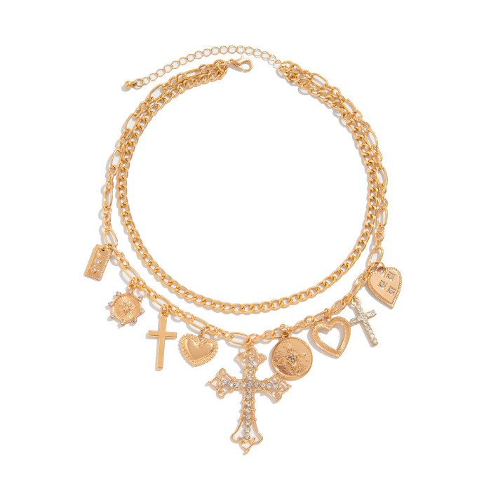 Jewelry Hip-Hop Style Stone-Studded Cross Pendant Collarbone Chain Personality Versatile Heart Alloy Necklace, Earr...