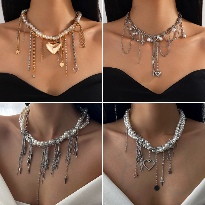 European and American Cross-Border Jewelry Minimalist Heart Pearl Pendant Necklace Personality Tassel Alloy Chain Necklace