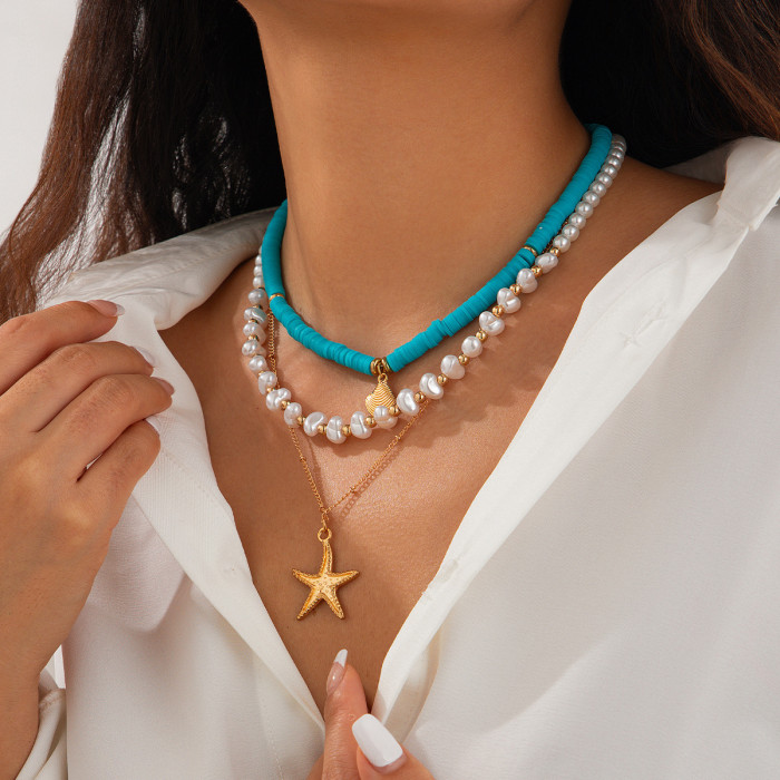 Jewelry Beach Style Ocean Shell Beaded Necklace Baroque Imitation Pearl Starfish Collarbone Chain