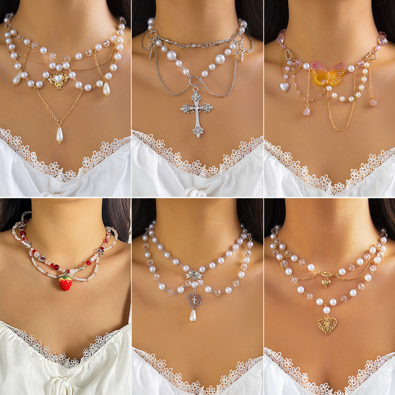 European and American Cross-Border Jewelry Hot Girl Beaded Niche Y2K Necklace Heart Imitation Pearl Cross Choker Necklace