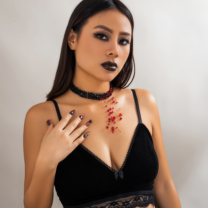European and American Gothic Style Beaded Choker Red Blood Drop Choker Necklace Fake Blood Imitation Crystal Tassel Halloween Accessories