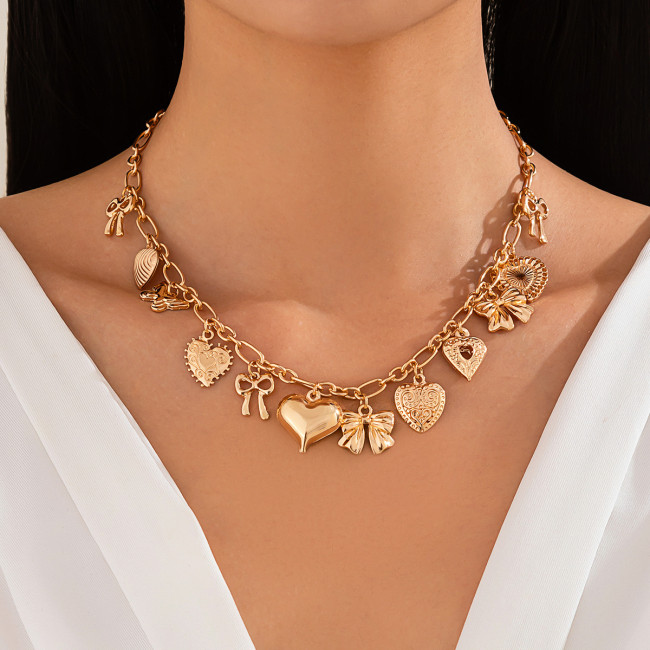 European and American Cross-Border Jewelry Punk Style Heart Alloy Pendant Clavicle Chain Bowknot Tassel Necklace Personality