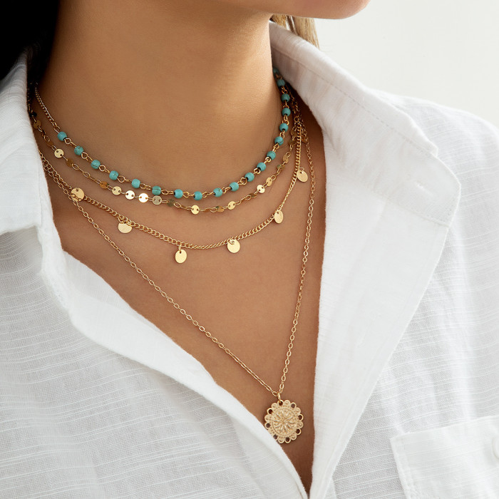 European and American Cross-Border Simple Thin Chain Turquoise Beaded Flower Plate Pendant Necklace for Women Vintage Style Tassel Sequin Necklace