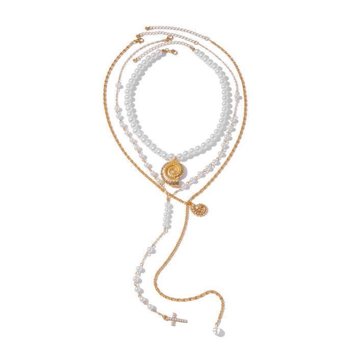 Jewelry Vacation Style Conch Cross Pendant Necklace Summer Beach Pearl Beaded Collarbone Chain