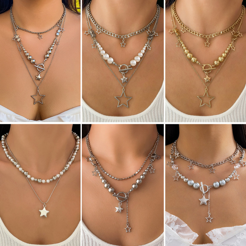 European and American Cross-Border Jewelry Hot Girl Style Niche Star-Shaped Tassel Set Necklace for Women Hip-Hop Round Bead Minimalist Necklace