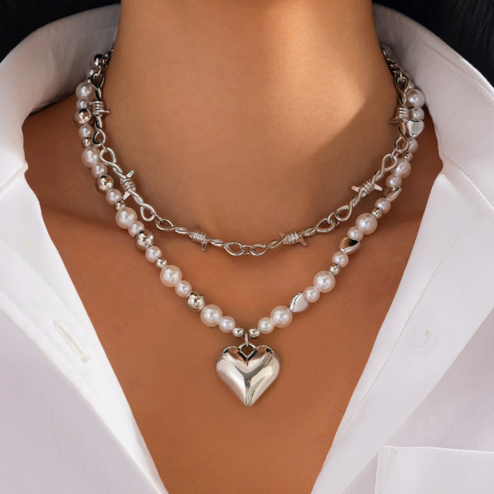 Jewelry Fashionable Heart Alloy Pendant Necklace Versatile Pearl Beaded Collarbone Chain Multi-Layer