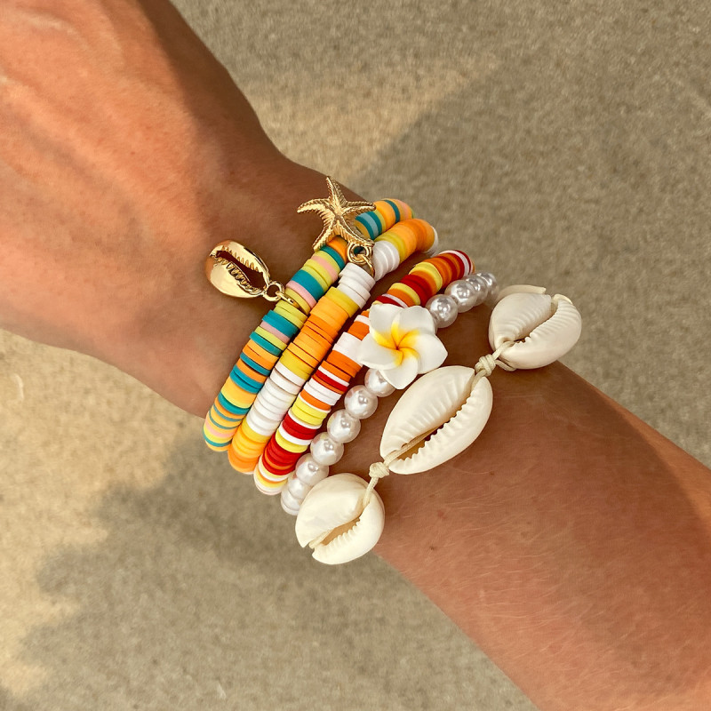 European and American Cross-Border Jewelry Bohemian Soft Clay Plumeria Bracelet Vacation Starfish Shell Alloy Pendant Bracelet