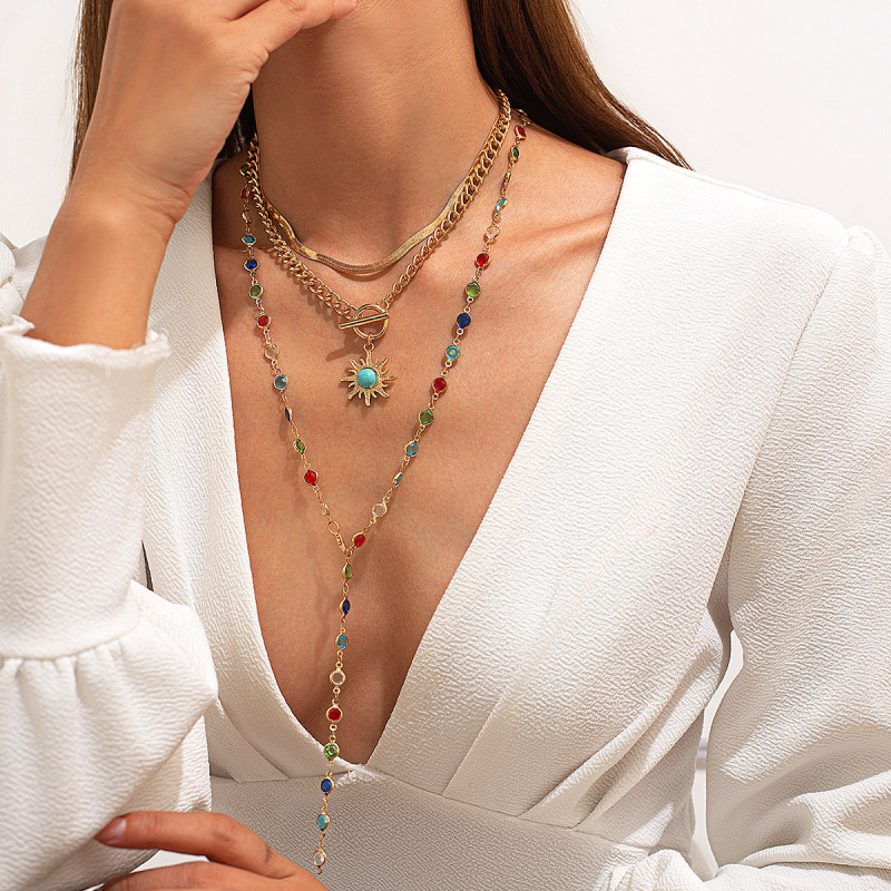 European and American Cross-Border Jewelry Sunflower Colorful Crystal Chain Necklace Sweet Style Tassel Alloy Multi-Layer Clavicle Chain