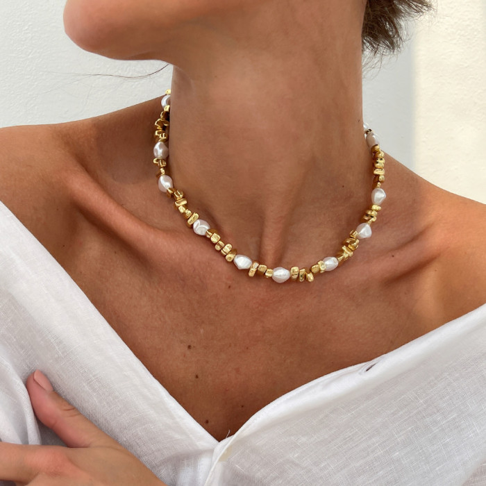 European and American Cross-Border Jewelry Personality Trend Irregular Pearl Necklace Pentagram Irregular CCB Copper-Plated Iron Chain Choker