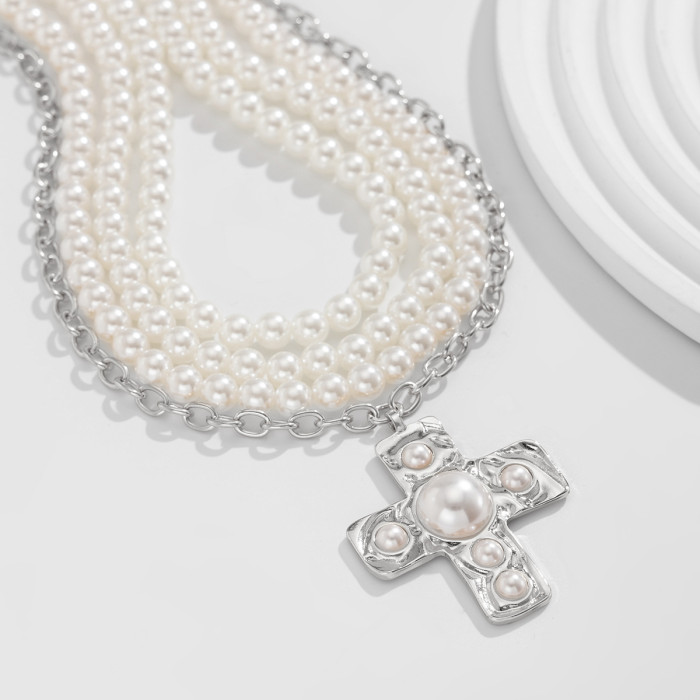 Jewelry Minimalist Style Cross Alloy Pendant Collarbone Chain French Elegant Pearl Beaded Necklace