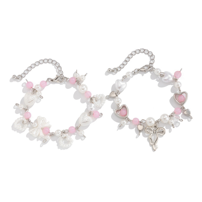 European and American Cross-Border Jewelry Sweet Style Bow Gold Pendant Bracelet Fresh Heart Pearl Beaded Bracelet