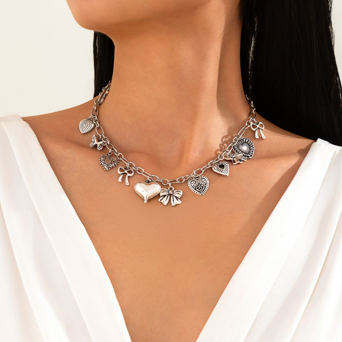 European and American Cross-Border Jewelry Punk Style Heart Alloy Pendant Clavicle Chain Bowknot Tassel Necklace Personality