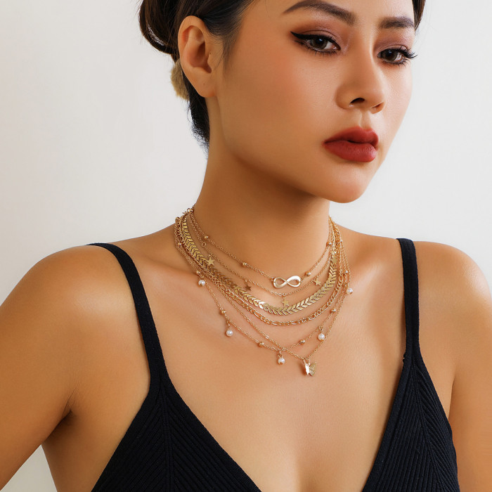 European and American Cross-Border Butterfly Tassel Pendant Layered Necklace Set Niche Metal Chain Heart Necklace Versatile Accessories