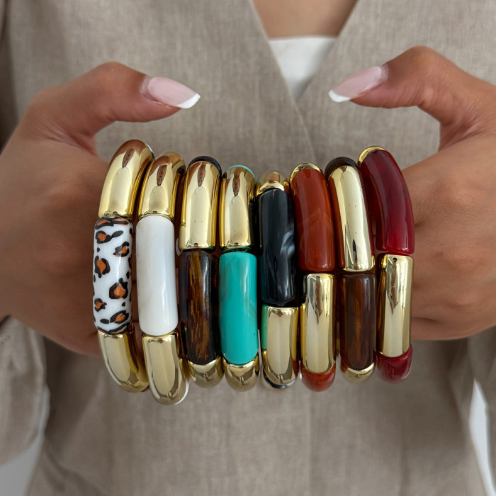 Fashion Leopard Print Resin Bamboo Knot Elastic Bracelet INS Creative Colorful Splicing Bent Tube Bangle
