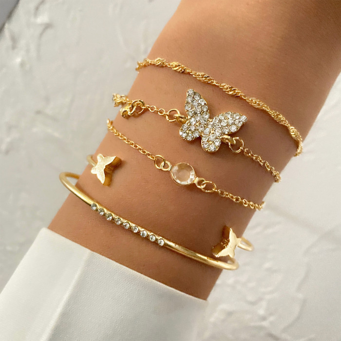 Cross-Border New Arrival European and American Bracelets Ins Vintage Lvzuan Square Bracelet Diamond Butterfly Heart Bracelet 4-Piece Set