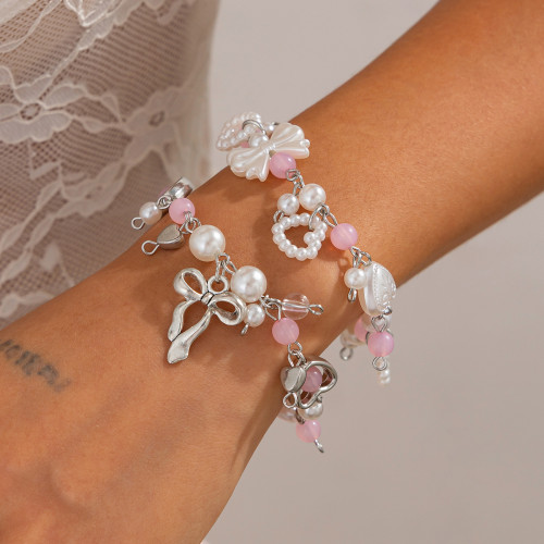 European and American Cross-Border Jewelry Sweet Style Bow Gold Pendant Bracelet Fresh Heart Pearl Beaded Bracelet