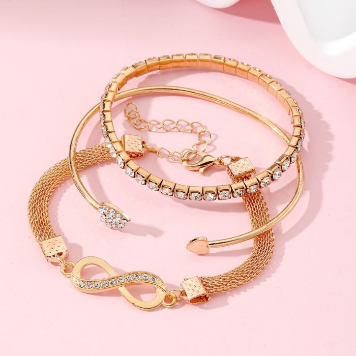 European and American Niche Infinite Figure-8 Bracelet Versatile Heart Open Bangle with Diamond Inlay Infinity Symbol Alloy 3-Piece Set for Women