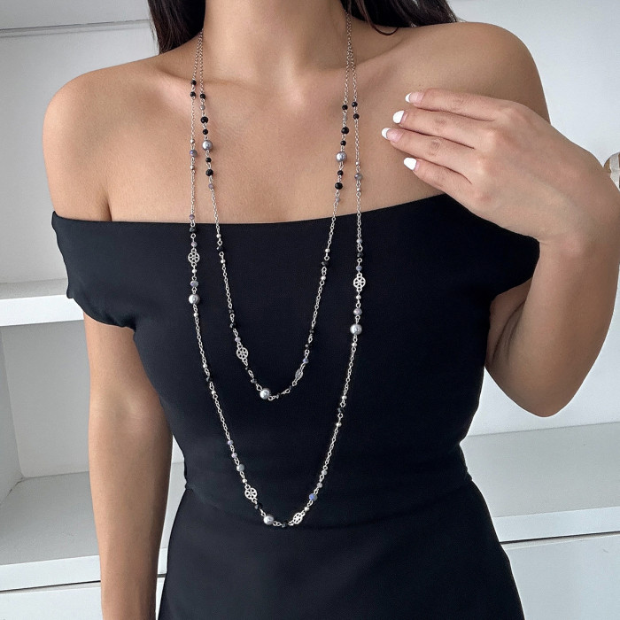 European and American Cross-Border Jewelry INS Style Pearl Beaded Long Necklace Design Multi-Layer Alloy Collarbone Chain Set