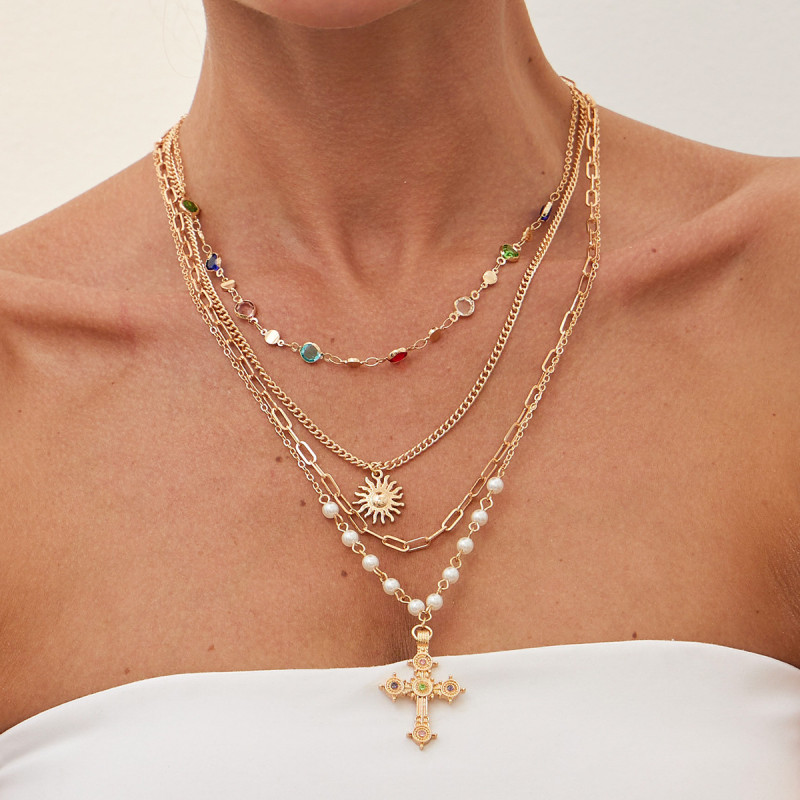 European and American Simple Cross-Border Jewelry Unisex 4-Piece Set Cross Crystal Chain Extra Dense Chain Necklace Set