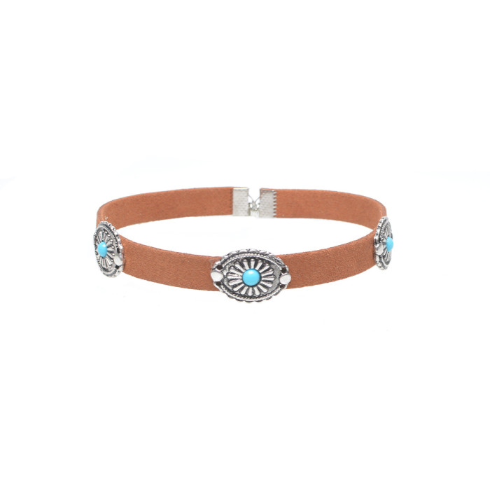European and American Fashion Accessories Bohemian Style Retro Simple Metal Flower Plate Turquoise Necklace Choker C1711