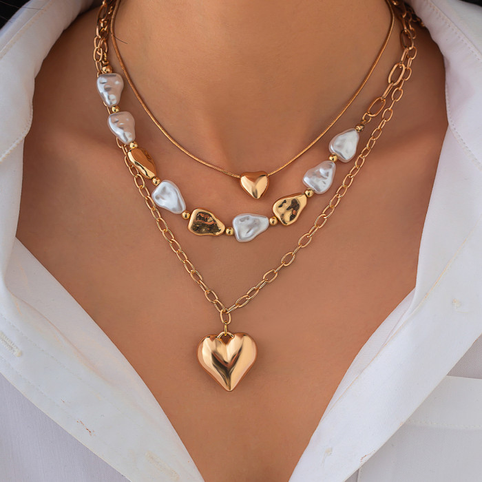 Jewelry Baroque Heart Tassel Pendant Collarbone Chain Irregular Flat Pearl Necklace Set