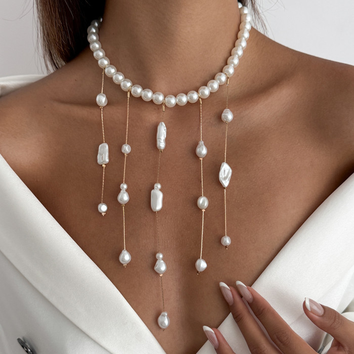 Jewelry Cream Sweet Girl Style Heart Pendant Necklace Elegant Imitation Pearl Tassel Chain Clavicle Chain