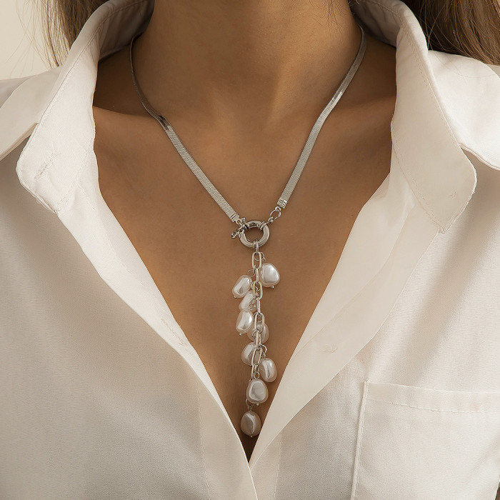 Baroque Palace Style Imitation Pearl Tassel Necklace Vintage Geometric Flat Snake Bone Necklace Europe and America Cross Border Xuerou Ornament