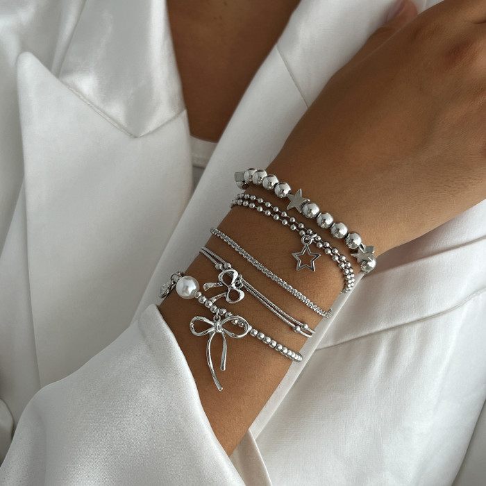 Jewelry INS Layered Style Bow Pendant Bracelet Fashionable Personality CCB Beaded Hand Jewelry for Women, Necklaces