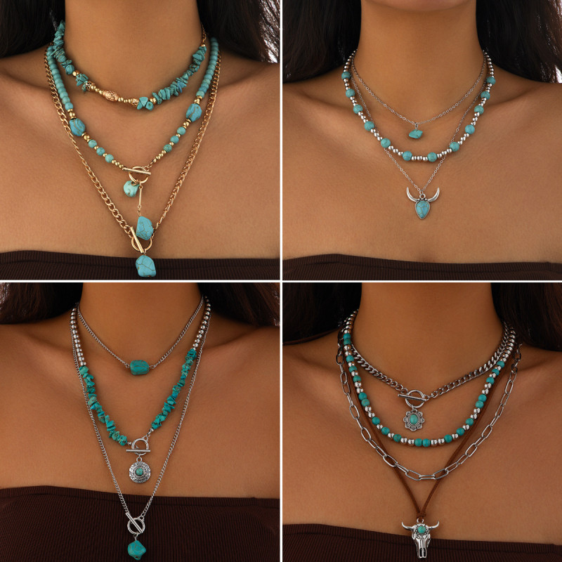 European and American Cross-Border Jewelry Retro Beaded Geometric Turquoise Choker Necklace Casual Multi-Layer Bohemian Necklace