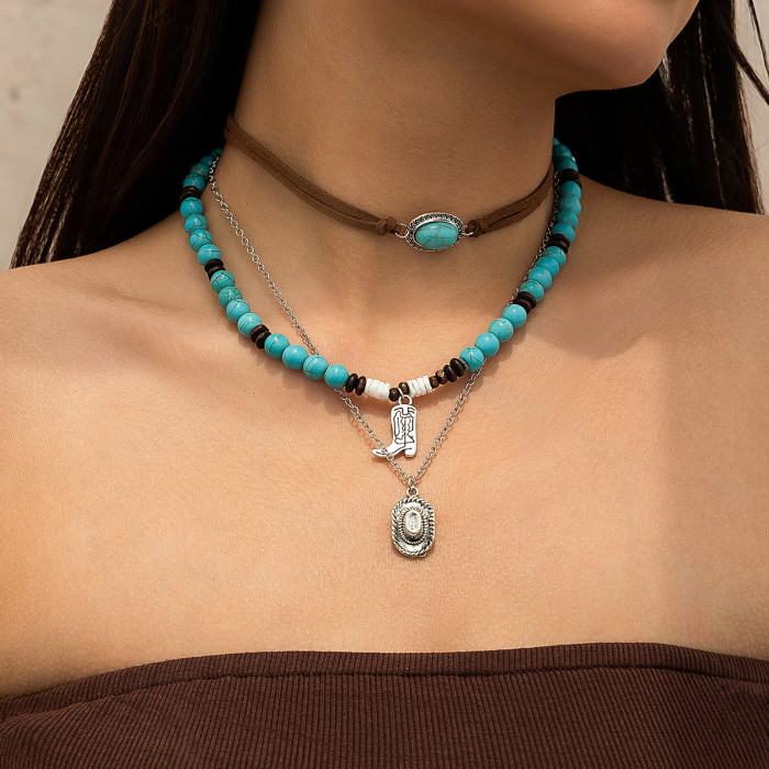 European and American Cross-Border Jewelry Retro Imitation Turquoise Clavicle Chain Niche Beaded Necklace Set Ethnic Style Cactus Pendant