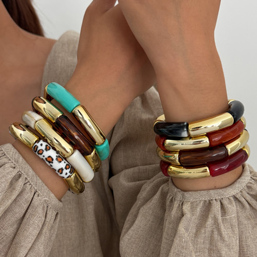 European and American Cross-Border Fashion Leopard Print Resin Bamboo Knot Elastic Bracelet INS Creative Colorful Splicing Bent Tube Bangle