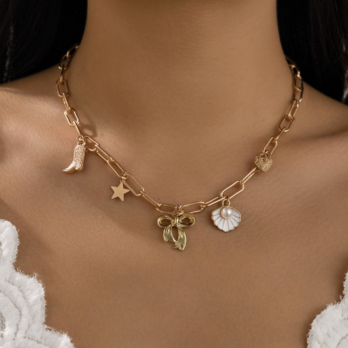 European and American Cross-Border Jewelry Fashionable Bowknot Scallop Chain Necklace Versatile Imitation Pearl Alloy Collarbone Chain