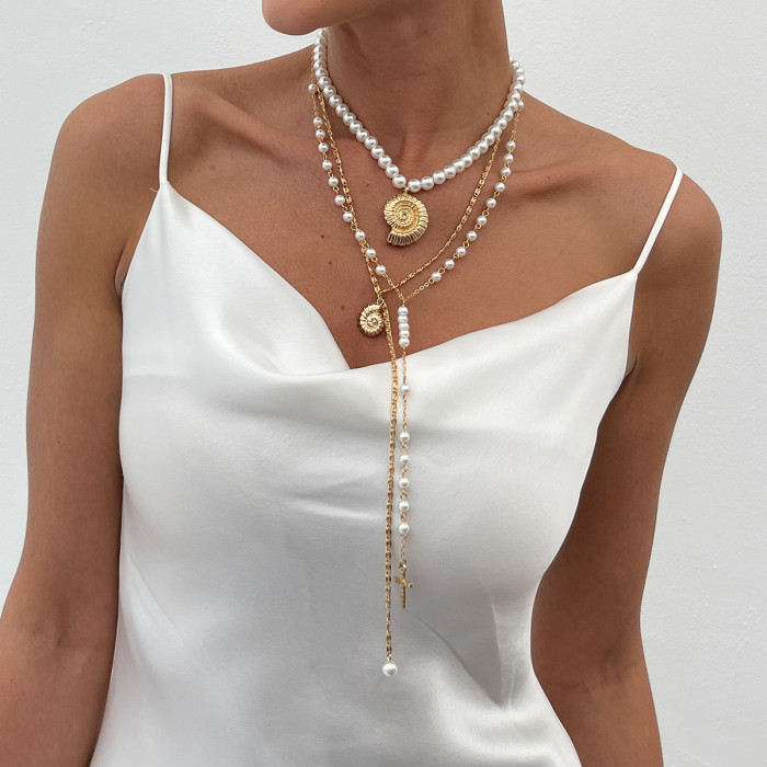 Jewelry Vacation Style Conch Cross Pendant Necklace Summer Beach Pearl Beaded Collarbone Chain