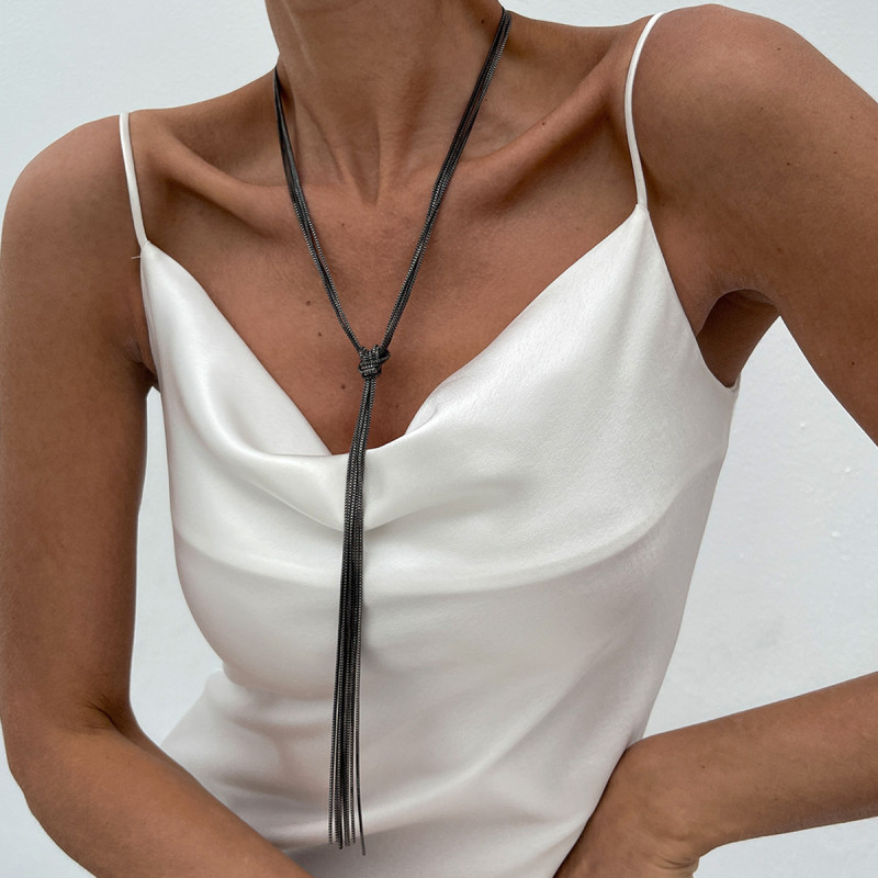 European and American Cross-Border Jewelry Simple Y-Shaped Metal Tassel Plain Chain Necklace Minimalist Style Multi-Layer CCB Bead Collarbone Chain